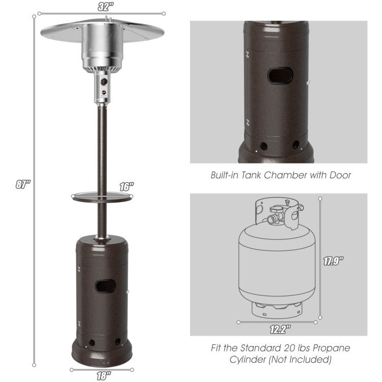 Propane patio heater size diagram showing tank chamber door and round base