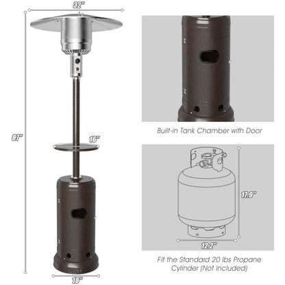 Propane patio heater size diagram showing tank chamber door and round base