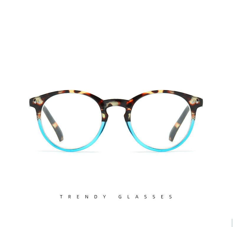 Tortoiseshell round eyeglasses with blue-tinted lenses, front view