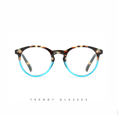 Tortoiseshell round eyeglasses with blue-tinted lenses, front view