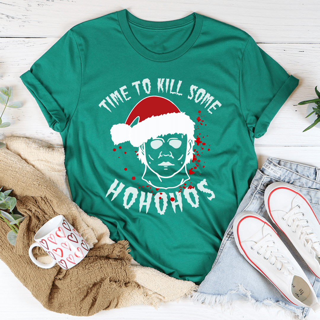 Green crew-neck T-shirt with Santa portrait graphic and Ho Ho Ho Ho Ho text