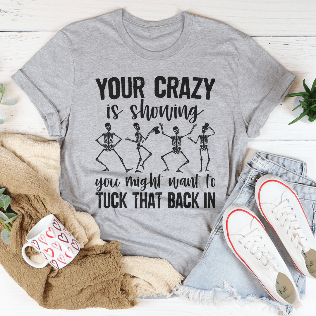Heather gray T-shirt with skeleton dance graphic and “Tuck that back in” text
