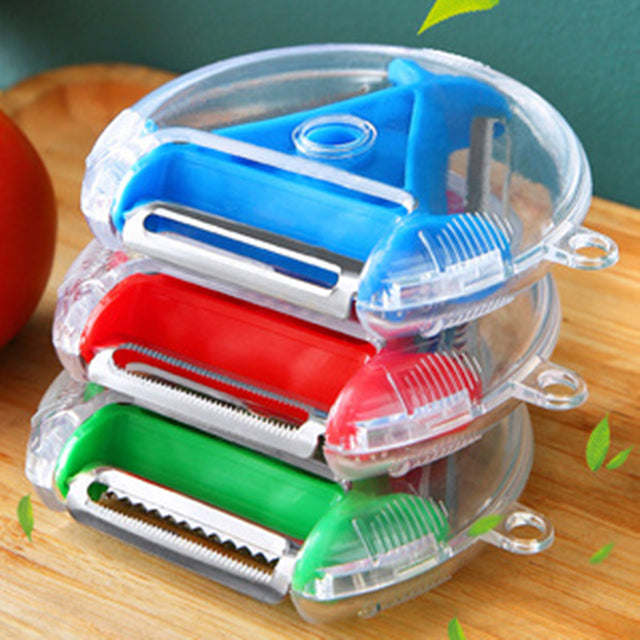 Vegetable and fruit peeler set with clear case and blue, red, green blades