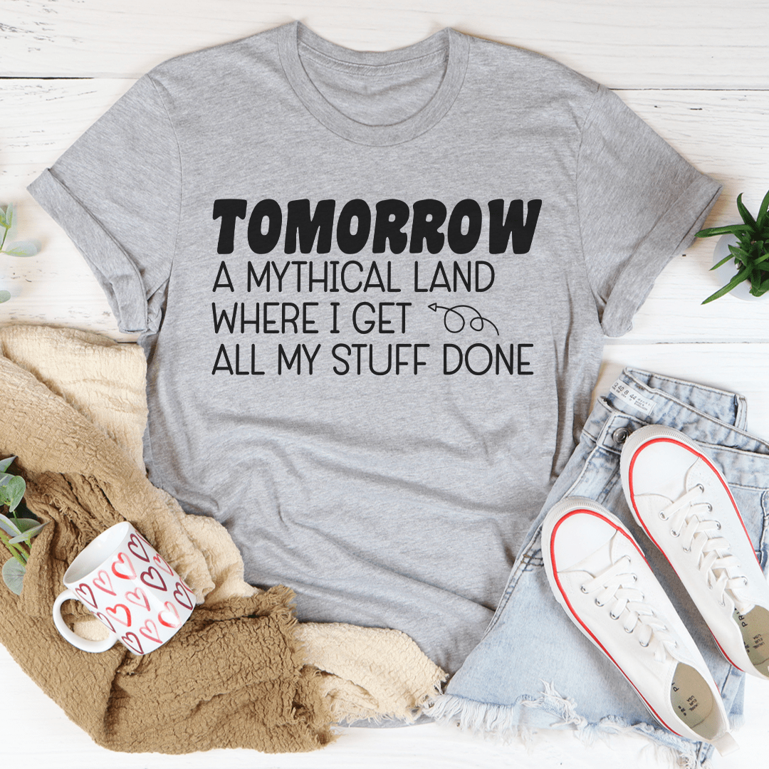 Gray crewneck graphic T-shirt with “TOMORROW” lettering and stacked inspirational lines