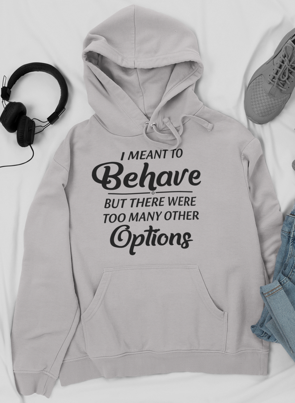 Light gray pullover hoodie with drawstring hood, front text graphic, and kangaroo pocket