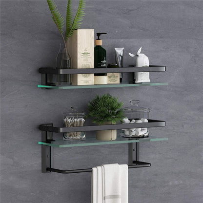 Wall-mounted 2-tier glass bathroom shelf with towel holder, clear glass and black frame
