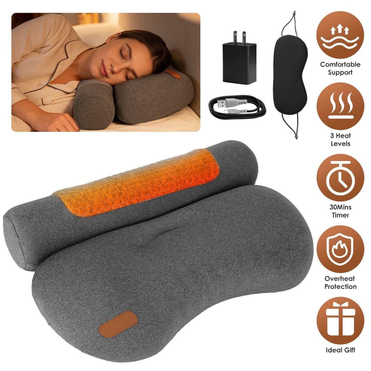 Dark grey heated memory foam neck pillow with orange control label detail