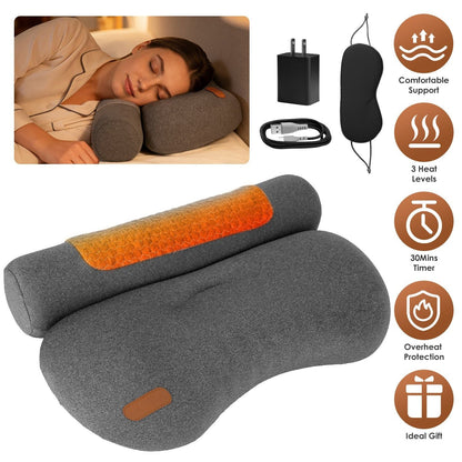 Dark grey heated memory foam neck pillow with orange control label detail