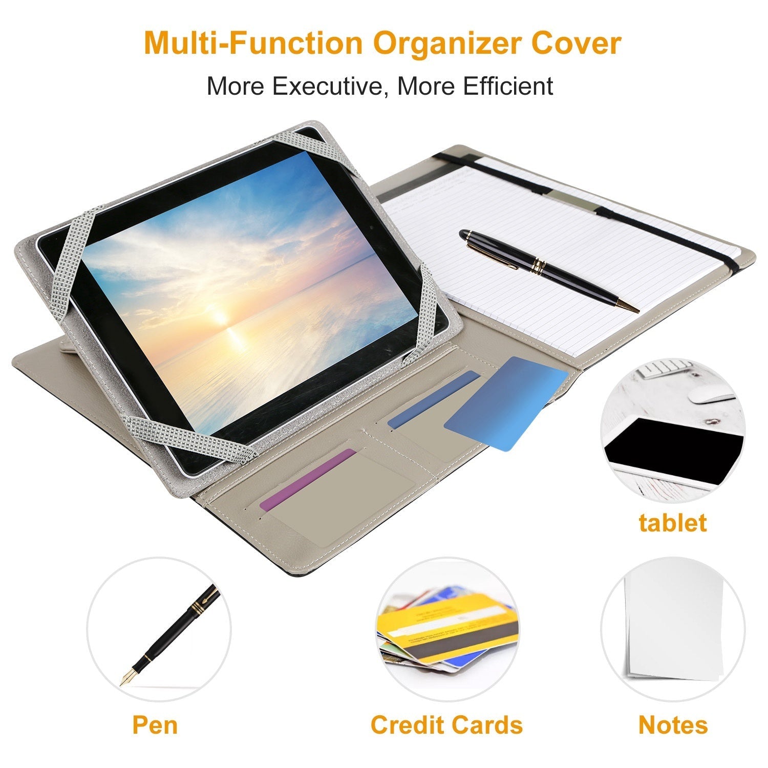 9.7in tablet organizer cover with pen, credit card slots, and notepad pages, angled