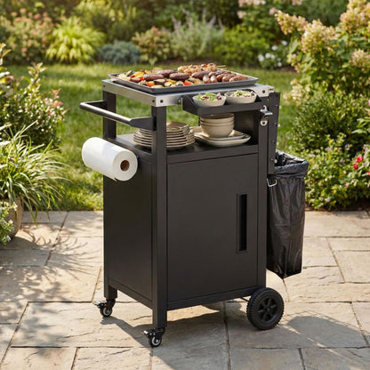 K&K 33.9" Outdoor Grill Cart with Drop Leaf, Outdoor Metal Bar Cart Pizza Oven Table with Wheels, Stainless Steel Top, Outdoor Kitchen Island with Storage Cabinet & Spice & Paper Rack for BBQ, Waterpr