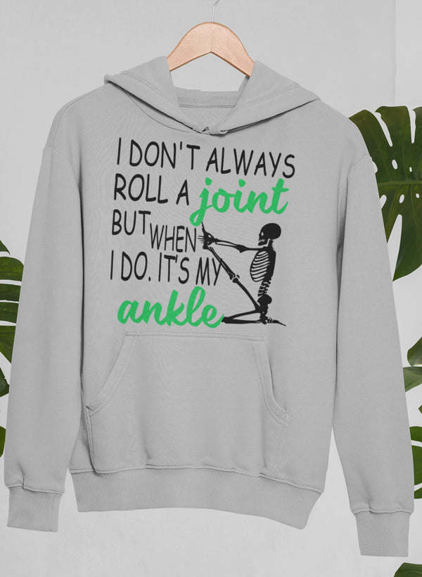 Heather gray pullover hoodie with front pouch pocket and skeleton “joint ankle” print