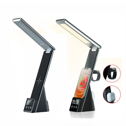 Folding LED table lamp stand with clock display and wireless charging cradle