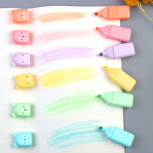 Set of mini fluorescent highlighters with chisel tips and cute animal designs