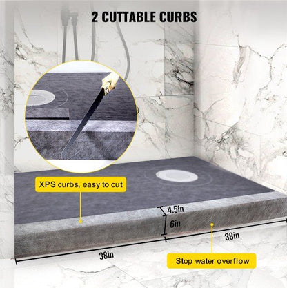 VEVOR Shower Curb Kit, 38"x60" Watertight Shower Curb Overlay with 4\" ABS Offset Bonding Flange, 4\" Stainless Steel Grate, 2 Cuttable Shower Curb and Trowel, Shower Pan Slope Sticks Fit for Bathro