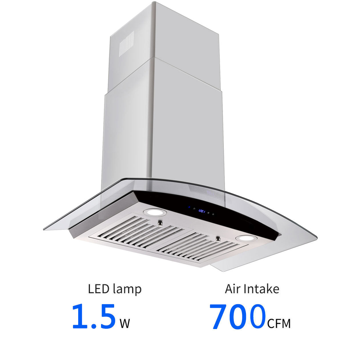 Wall-mounted stainless range hood with vent grille and curved canopy