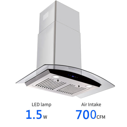 Wall-mounted stainless range hood with vent grille and curved canopy