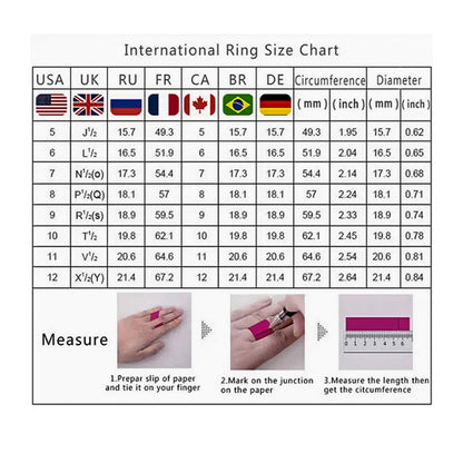 International ring size chart with circumference and diameter measurement table