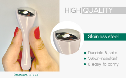 Ice roller massager with white body and silver roller head, held in hands