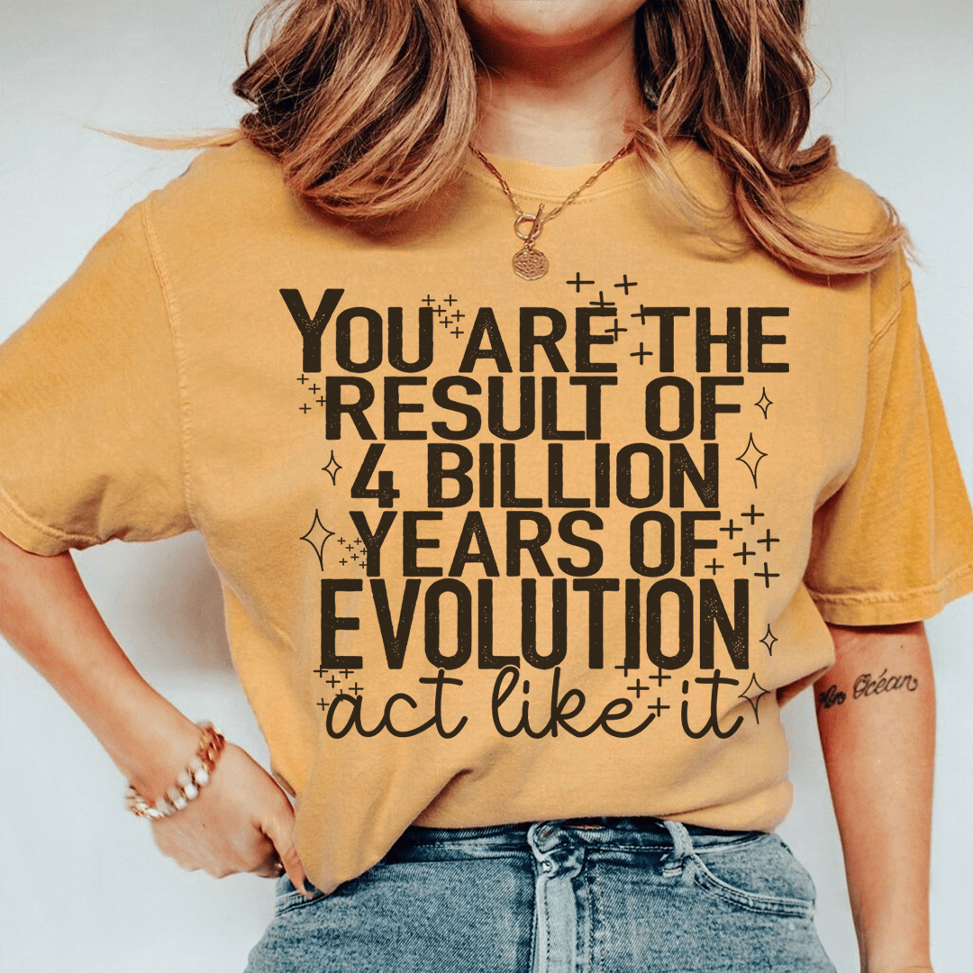 Mustard yellow graphic crew-neck T-shirt with centered statement text on front