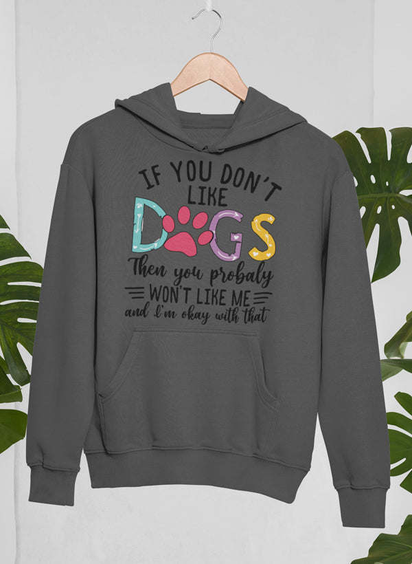 Dark grey hoodie with large “DOGS” paw-print graphic on the front