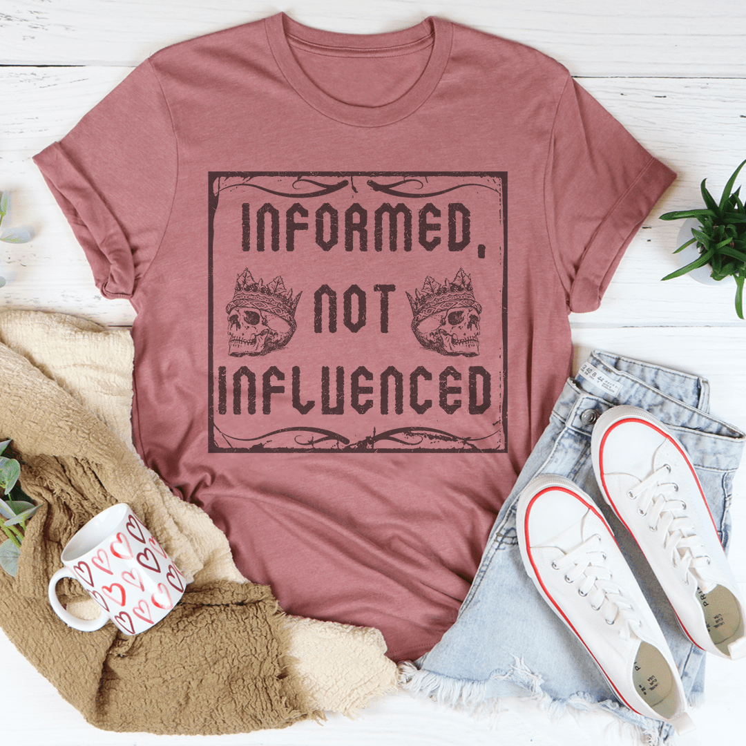 Mauve crewneck T-shirt with distressed 'Informed not influenced' graphic print