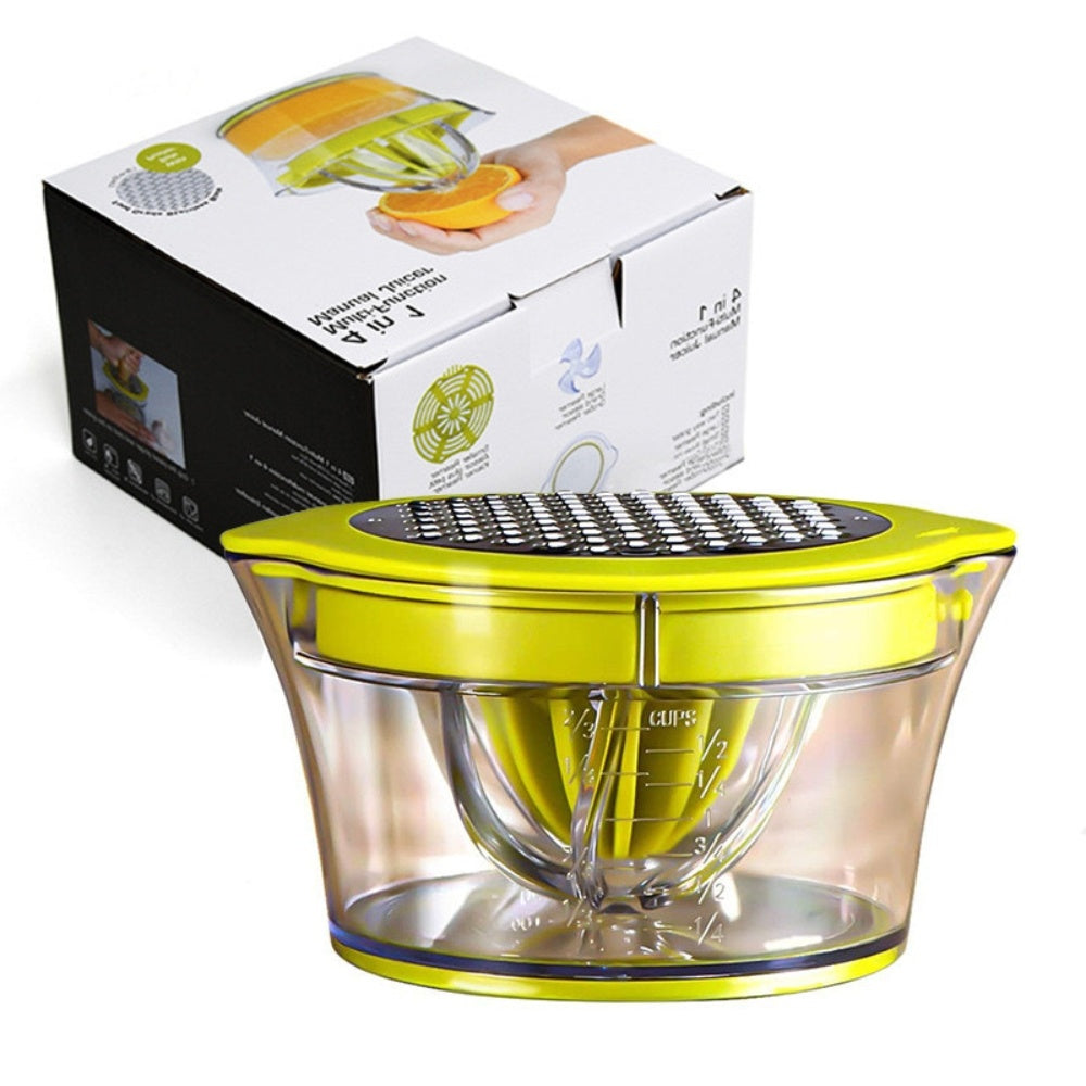 Green manual citrus squeezer with built-in measuring cup and domed cone strainer.