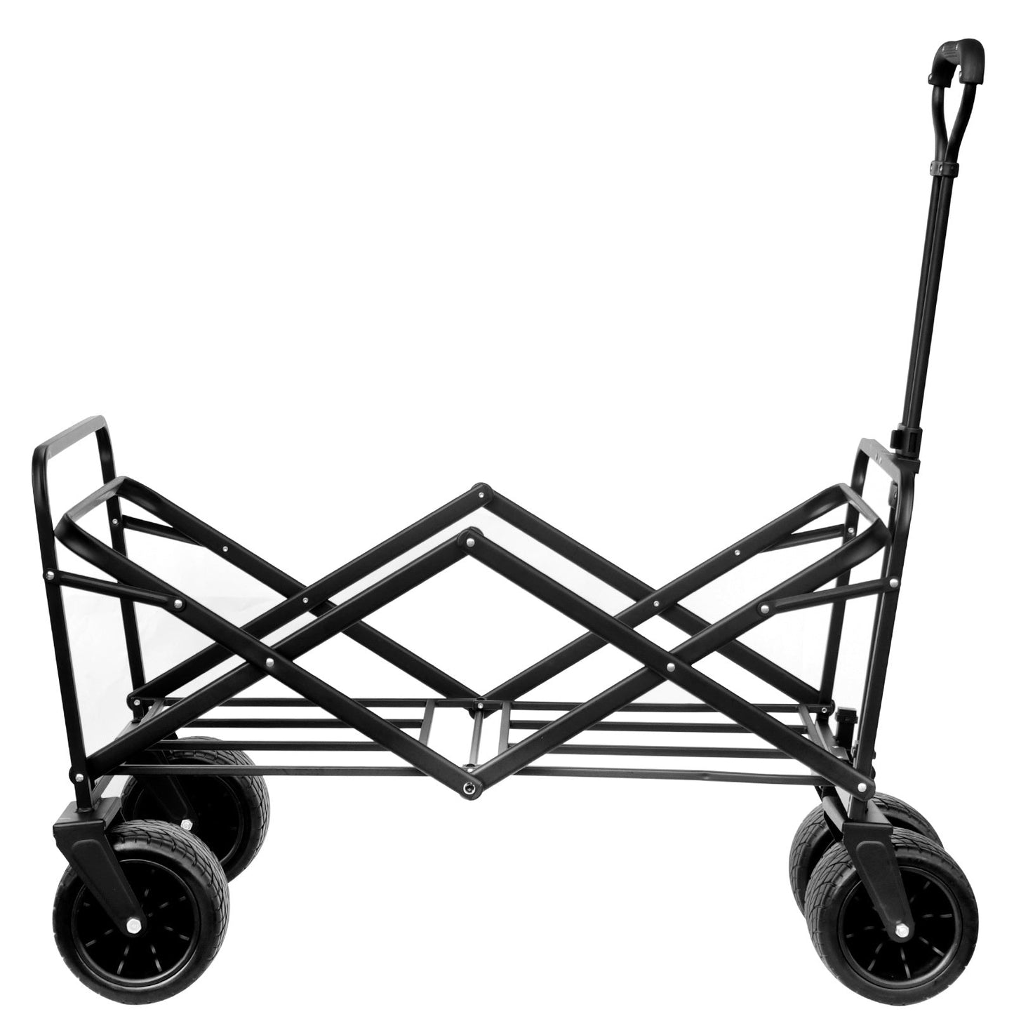 Collapsible wagon frame with black wheels and extended handle, open base