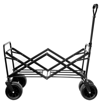 Collapsible wagon frame with black wheels and extended handle, open base