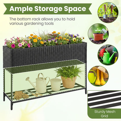 Raised Wicker Garden Bed with Storage Shelf and Removable Liner