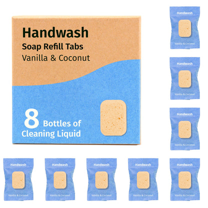 Handwash soap refill tabs box, 8 bottles cleaning liquid, vanilla & coconut