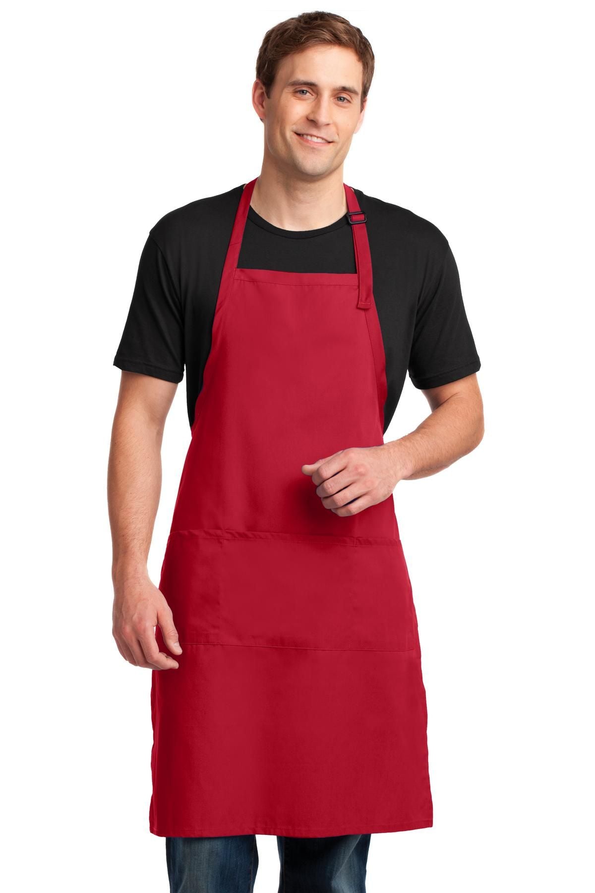 Red bib apron with front pocket and adjustable neck strap