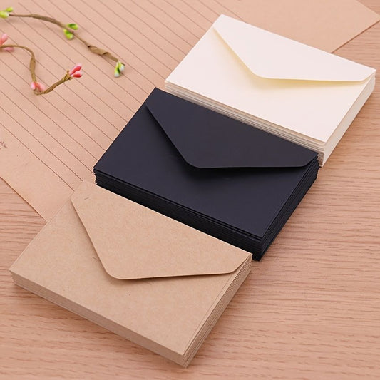 Mini kraft paper envelopes in dark and kraft colors, stacked with flap