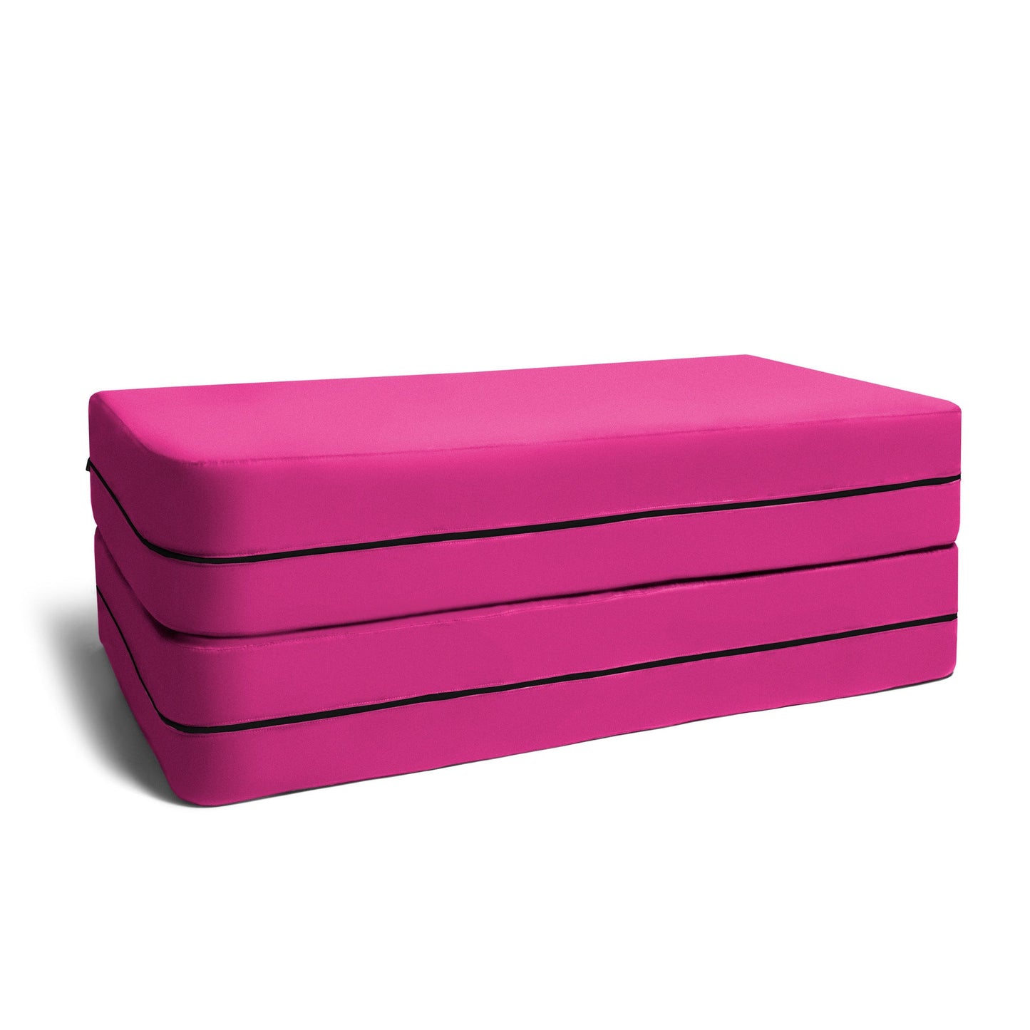 Fuchsia microsuede modular kids ottoman, stacked cushions with black trim