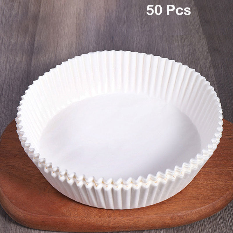 Air fryer paper liner mat, white round pleated liner labeled 50 pcs