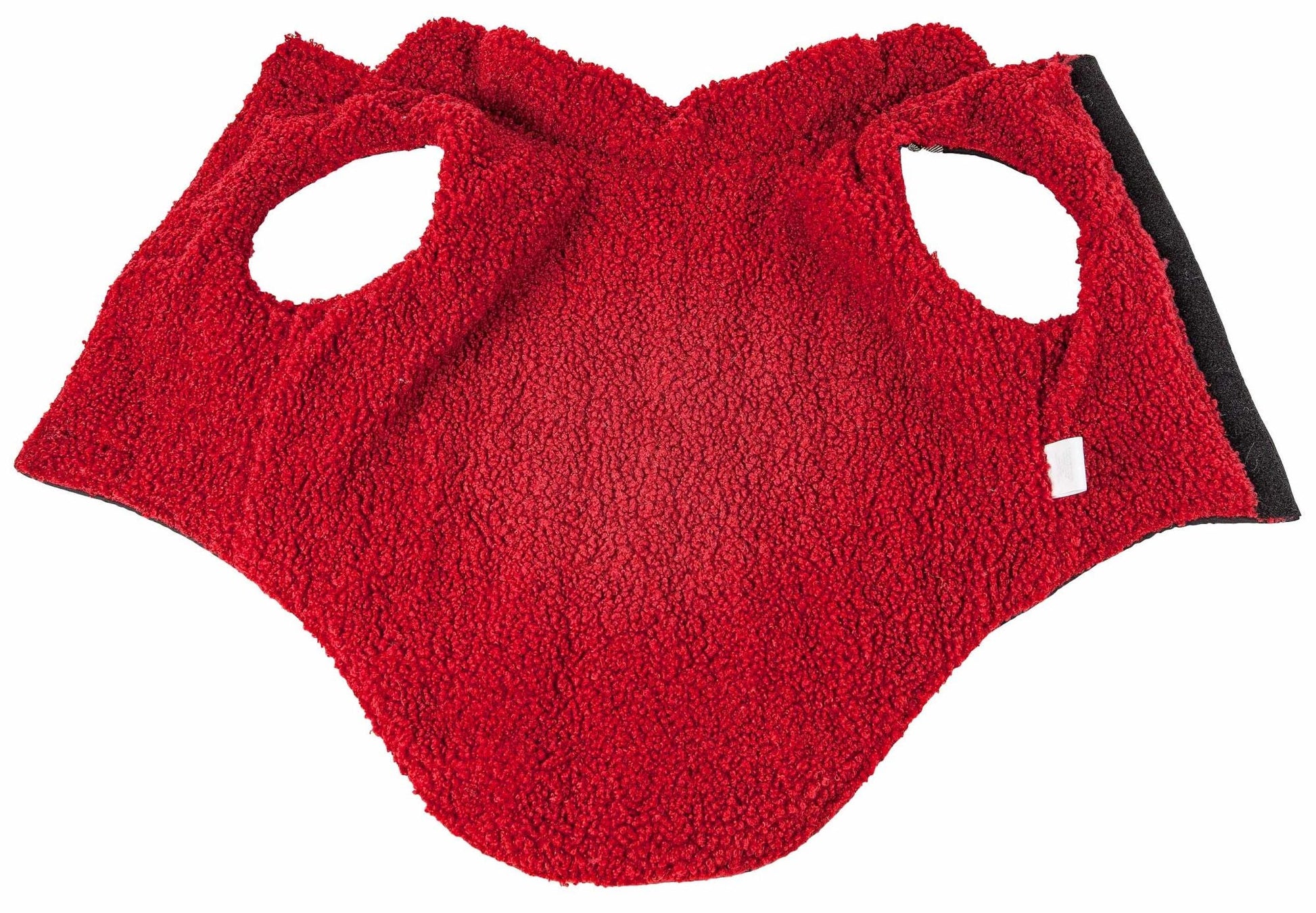 Dog insulated coat jacket with red fleece top and black sides, featuring two paw openings