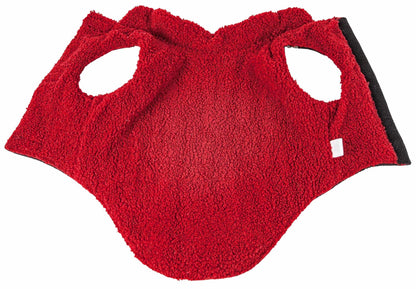 Dog insulated coat jacket with red fleece top and black sides, featuring two paw openings