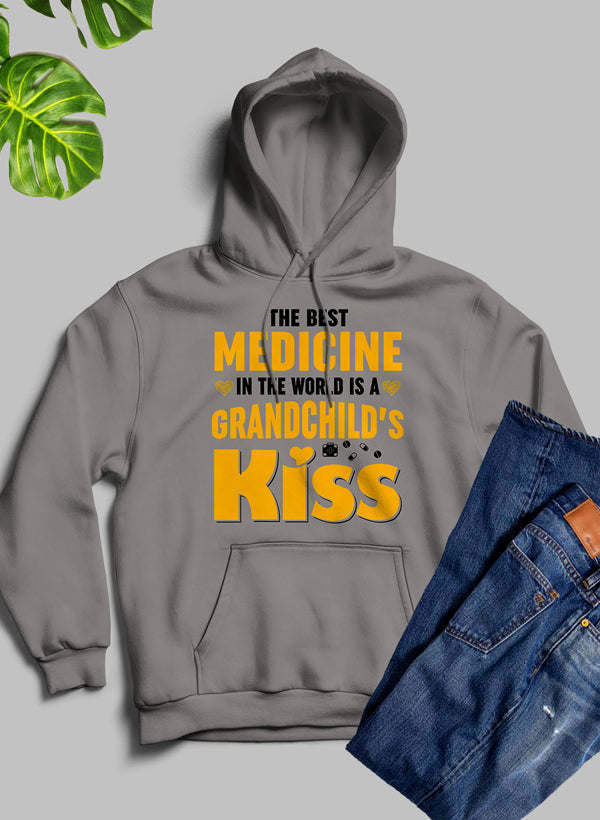 Athletic heather gray hoodie with front kangaroo pocket and “Grandchild’s Kiss” graphic