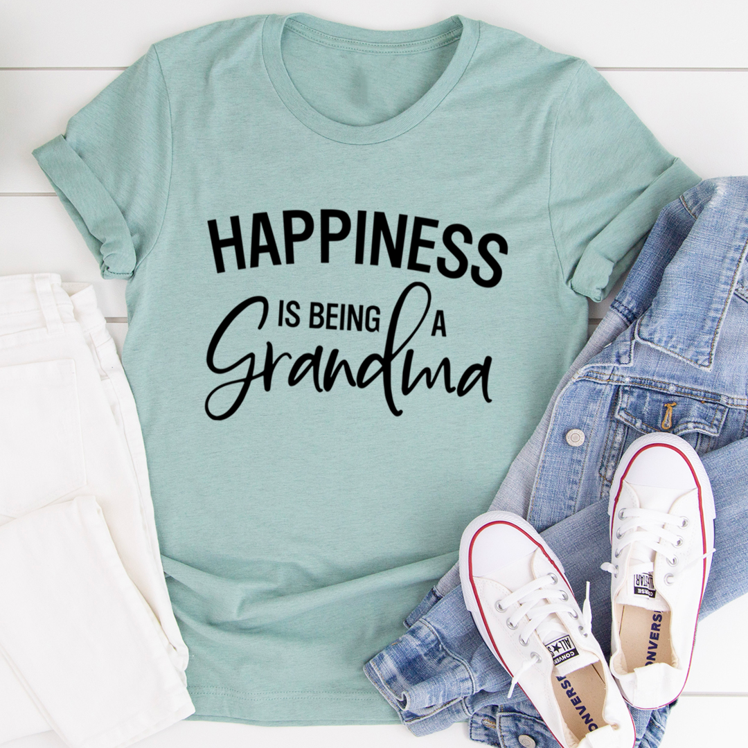 Teal crewneck T-shirt with black 'Grandma' script and 'HAPPINESS' text