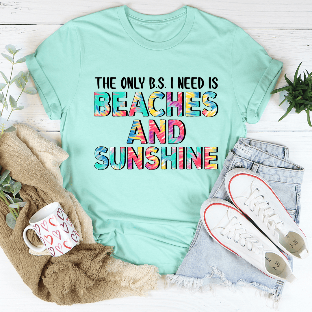 Mint green T-shirt with colorful 'Beaches and Sunshine' graphic print