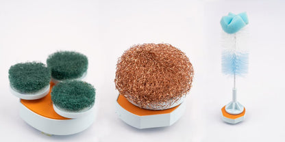 Scouring head set with orange base: dark green pads, bronze scouring pad, light blue brush