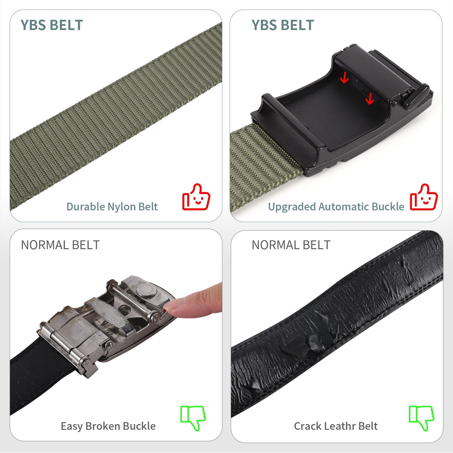 Olive green nylon belt with black automatic buckle, close-up of buckle plate and strap