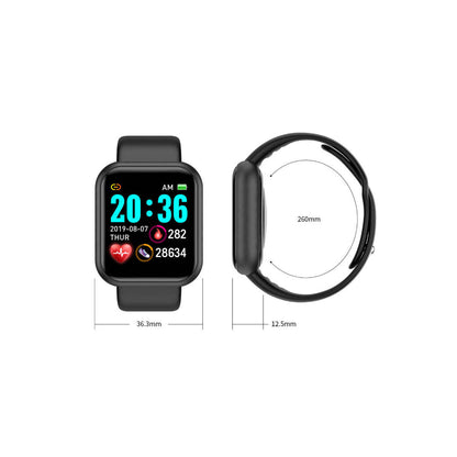 Black smart watch front screen and side profile with size measurements
