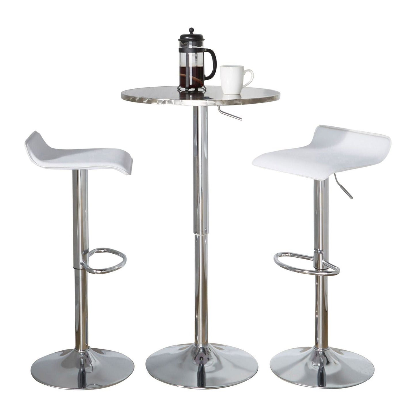 Bistro Round-Ale Contemporary Adjustable Bar Set in Silver and Chrome Metal with White PVC and Oval Footrest by - 3 Piece