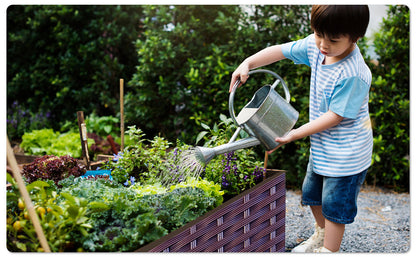 Raised garden bed planter with leafy greens and flowers, child watering with a watering can