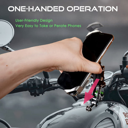 One-handed phone mount on handlebar clamp with tilting cradle and locking lever