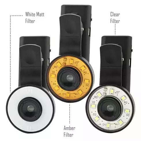 Clip-on selfie LED light with three filter lenses: white matt, amber, clear