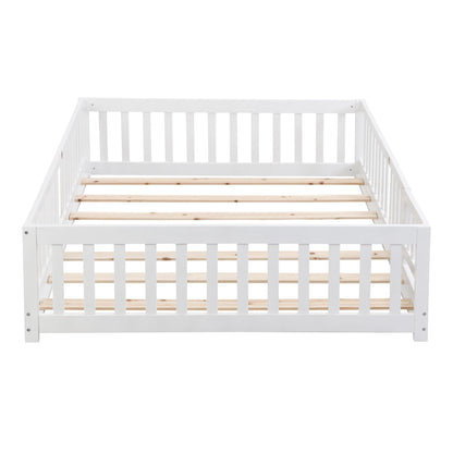 Full Size Floor Bed with Door, Solid Wood Platform Bed Frame with Fence, Suitable for children, Pine Wood