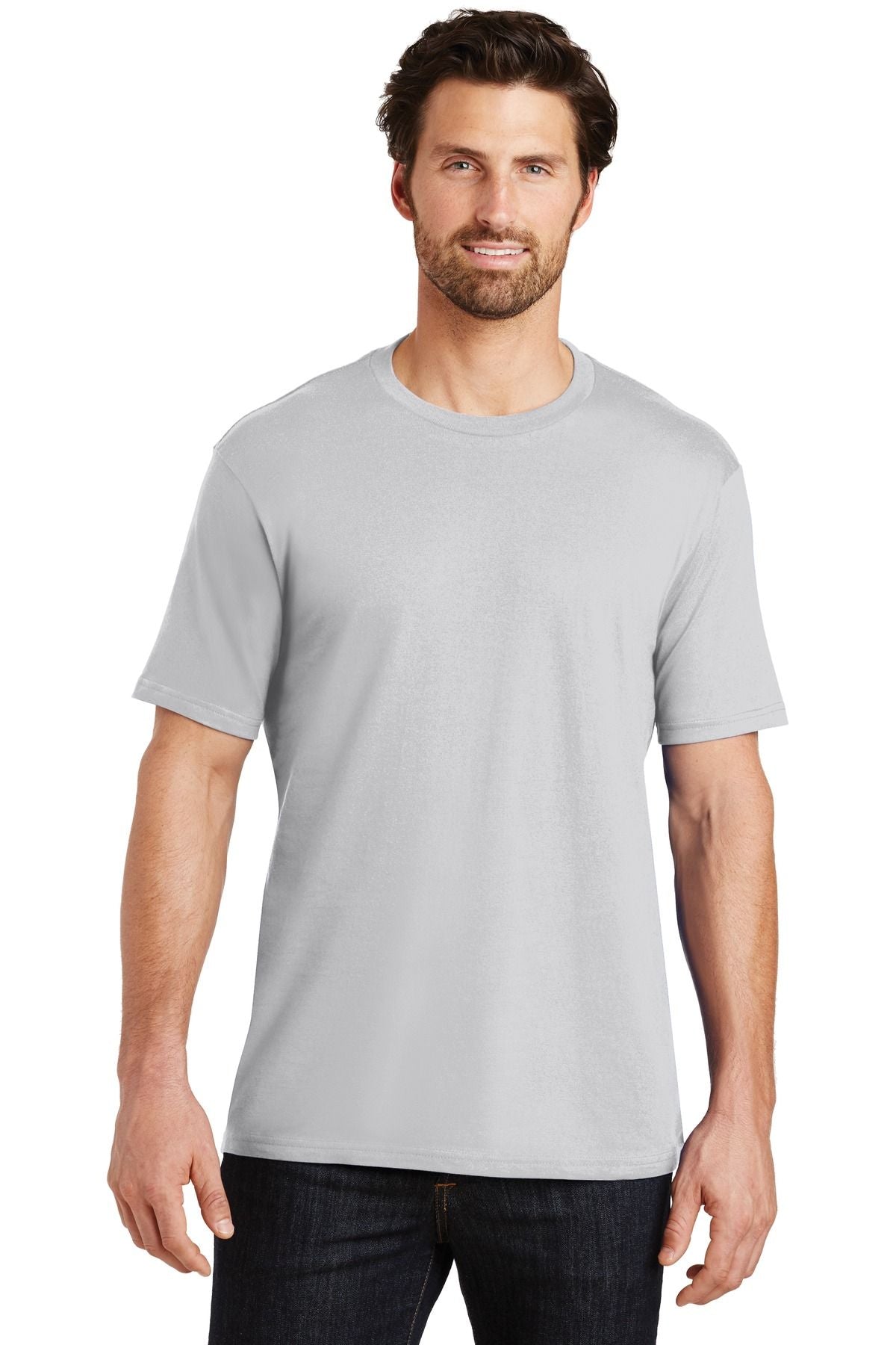 Light gray crew-neck short-sleeve T-shirt with straight hem, cotton jersey
