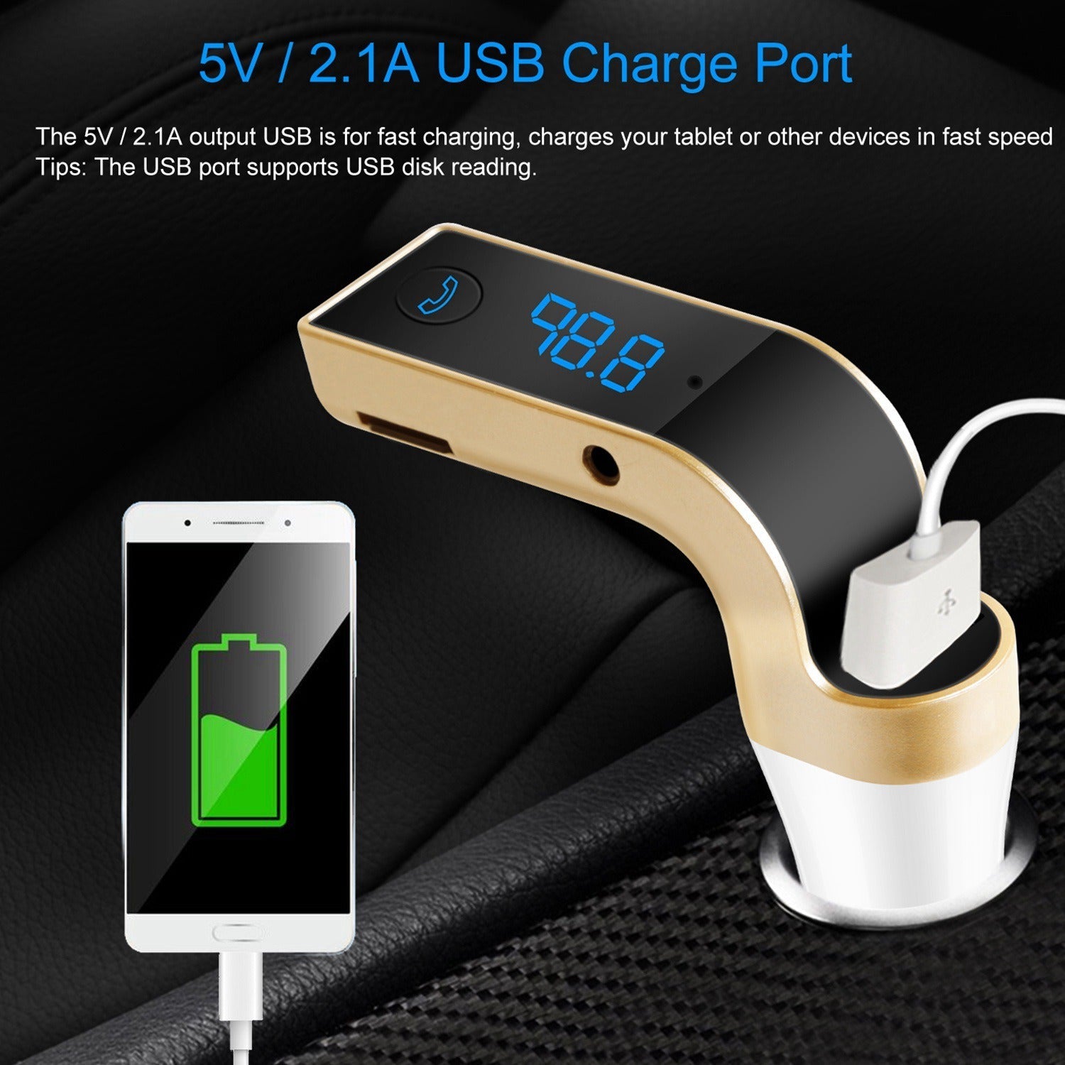 Gold car FM transmitter with 5V/2.1A USB charge port and LCD frequency display