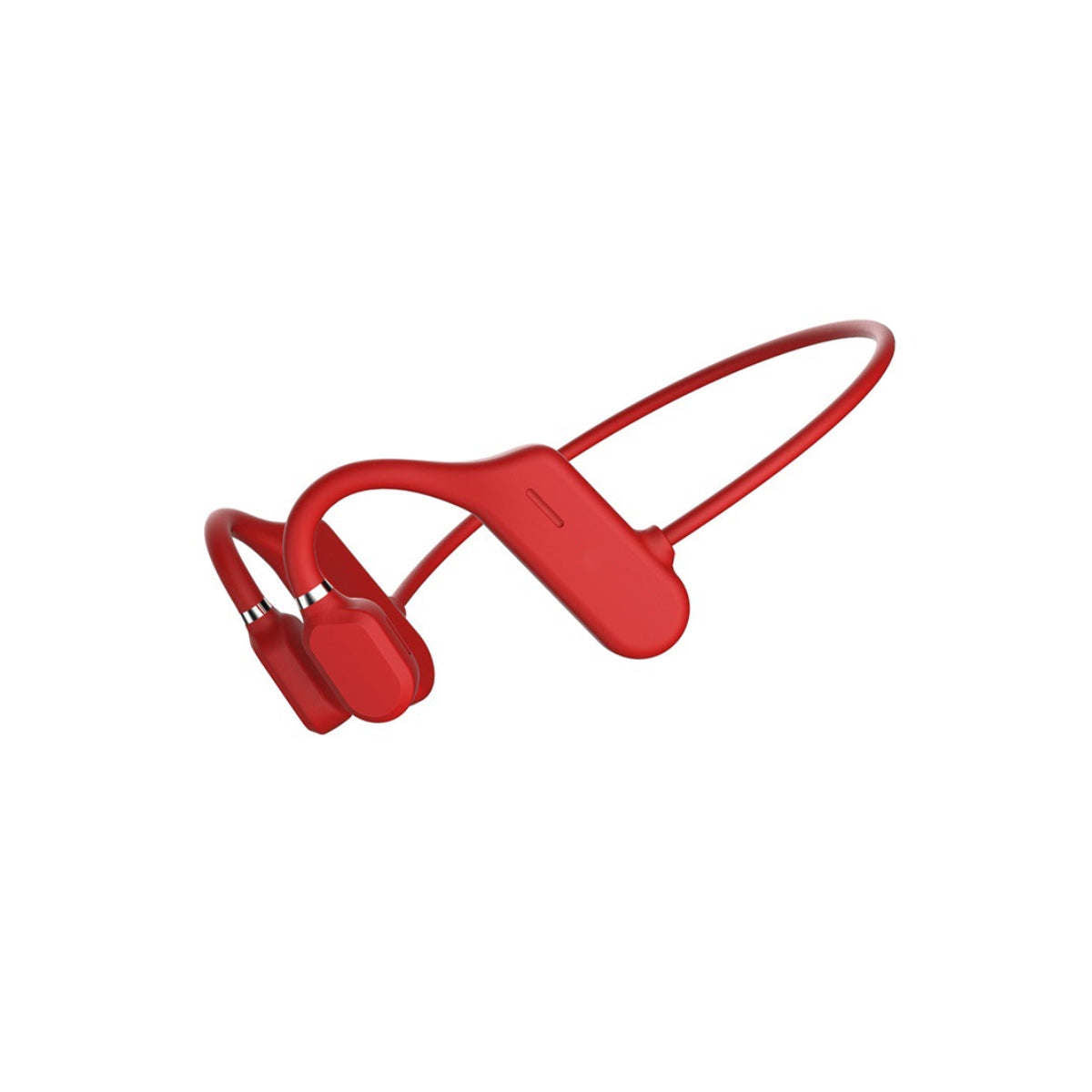 Red open-ear wireless headphones with curved neckband and ear hooks, angled view.